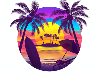 Vector illustration. Tropical Beach at Sunset with Island beach colors illus illustration island landscape palm seascape summer sun sunset surf surfboard surfing trees vector water