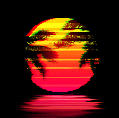 Glitch Art Sunset with Palm Trees broken colors glitch illustration landscape orange palm palm tree red seascape sun sunset trees vector vibrant water surface