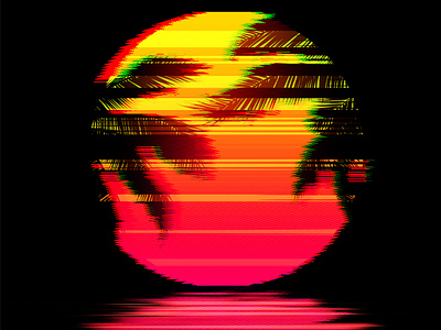 Glitch Art Sunset with Palm Trees broken colors glitch illustration landscape orange palm palm tree red seascape sun sunset trees vector vibrant water surface