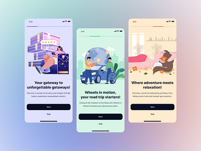 Yotex Trip Planner Onboarding Screens booking car design design system flight hotel login mobile mobile design onboarding signup travel travel kit ui ui design ui kit