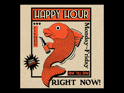 Happy Hour Poster artwork beer color design digital art drawing drink fish flyer graphic design happy hour illustration minimal poster poster design print shapes typography vintage