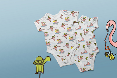 Kids Apparel Pattern Design with Flamingo & Turtle Cartoons animals cartoon character cute design fabric fabric pattern flamingo fun happy illustration illustrator kids fabric lemonade onesie pattern pattern design pattern designer seamless turtle