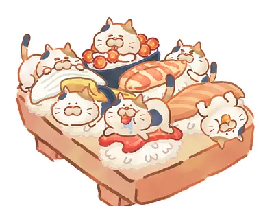 Mochitamasan mix sushi set adrable animal art character cute cute art cute illustration design illustration kawaii original character watercolor