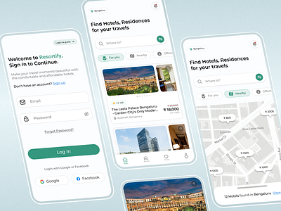 Resortify - Hotel Booking App app app design booking concept cool design dribble figma green home screen hotel hotel booking minimal mobile new resort booking trending ui user interface ux