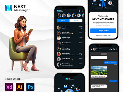 NEXT MESSENGER app branding calls chat design graphic design illustration logo messenger profile stories typography ui ux vector