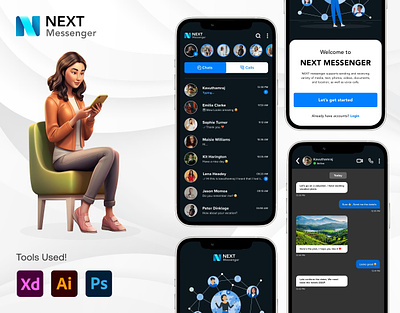 NEXT MESSENGER app branding calls chat design graphic design illustration logo messenger profile stories typography ui ux vector