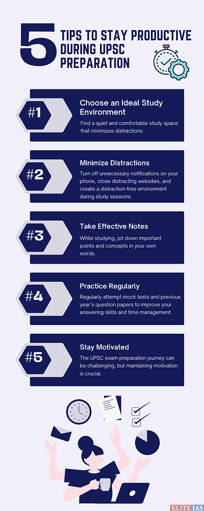 5 tips to stay productive during UPSC preparation graphic design infographic