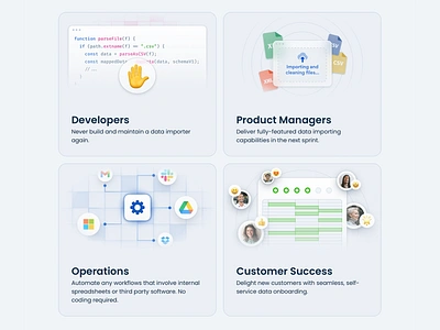 Feature cards ✨ cards customer data design developers fade features graphics grid icons illustrations importer light marketing operations product managers spreadsheet success ui web