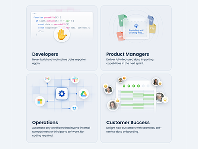 Feature cards ✨ cards customer data design developers fade features graphics grid icons illustrations importer light marketing operations product managers spreadsheet success ui web