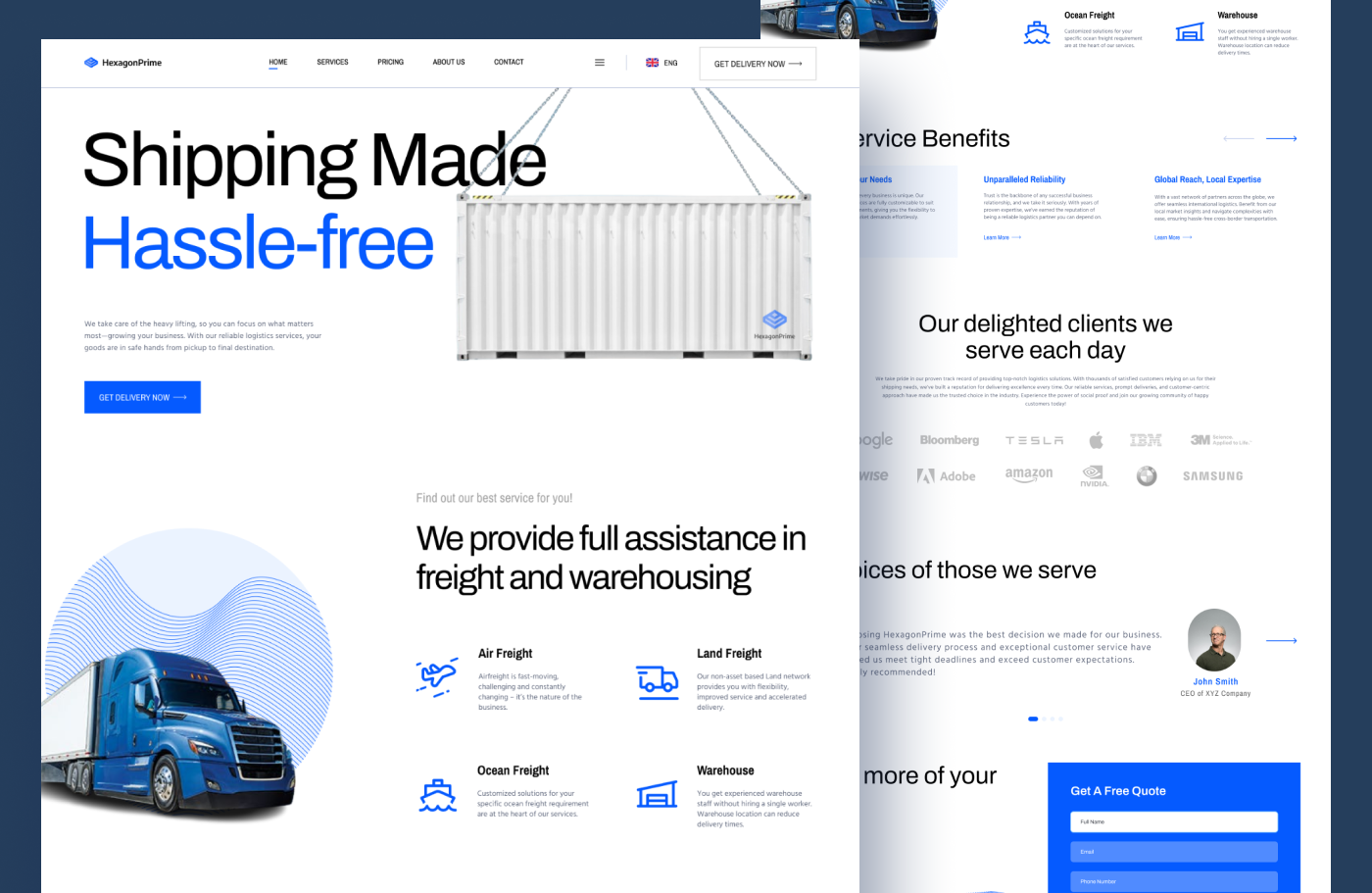 Logistic Landing Page - HexagonPrime Exploration blue cargo delivery freight freight forwading landing page logistic logistic services logistics minimalism modern design shipping supply chain transportation truck ui design ux design warehouse warehousing web design