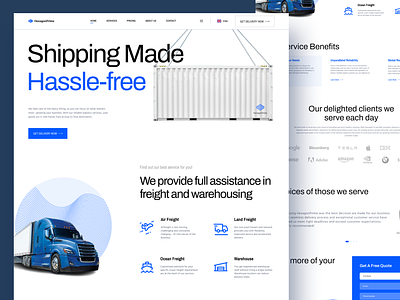 Logistic Landing Page - HexagonPrime Exploration blue cargo delivery freight freight forwading landing page logistic logistic services logistics minimalism modern design shipping supply chain transportation truck ui design ux design warehouse warehousing web design