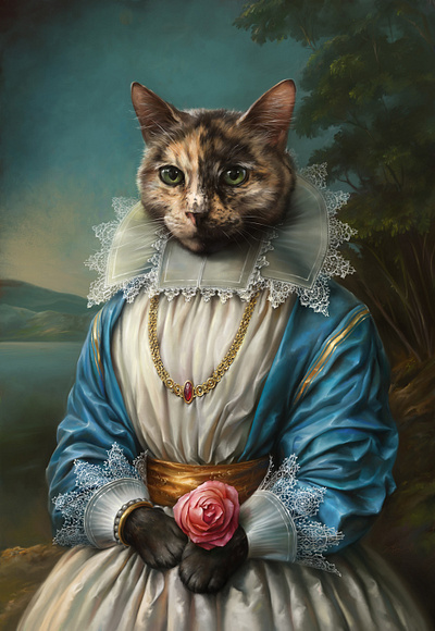 Samantha cat classic digital art digital oil digital painting feline illustration oils portrait