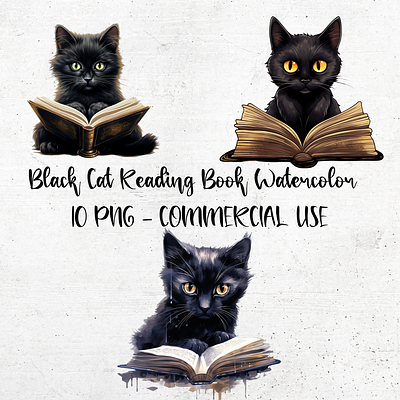 Black Cat Reading Book Watercolor Clipart animal animation black cat branding clipart cute design fantasy graphic design illustration logo png transparent background ui watercolor