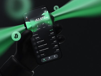 Crypto Trading Mobile App Design 3d hand app bitcoin blured card coin crypto crypto wallet cryptocurrency dark screen dark ui dashboard green green bitcoin hold phone phone in hand request send top up ui wallet