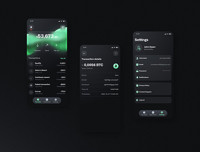 Crypto trading mobile app design app landing assets bitcoin bitcoin wallet blured background card contacts crypto dark interface dark ui investment login main screen menu qr code request send token uiux wallet