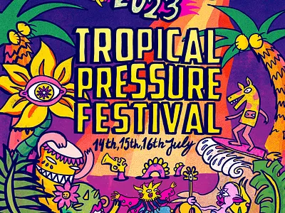 Tropical Pressure Festival 2023 Art Design character design festival art festival design festival poster illustration indie art pop psychedelic illustration surreal party surrealism tropical art tryphids uk illustrator world music festival
