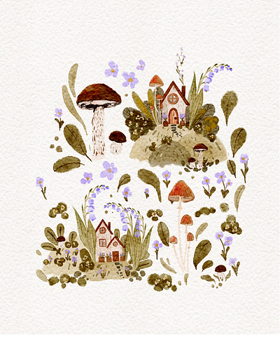 Autumn in woodland adventure autumn cute fall flowers forest fungus green illustration mushrooms nursery watercolour whimsical woodland