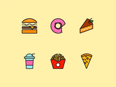 Fast Food Set bakery burger cake coffee cup donut drink eat fastfood flat frenchfries graphicdesign icon illustrator logo pizza plastic trendy unhealthy vector