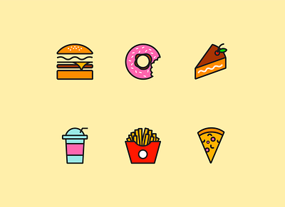 Fast Food Set bakery burger cake coffee cup donut drink eat fastfood flat frenchfries graphicdesign icon illustrator logo pizza plastic trendy unhealthy vector