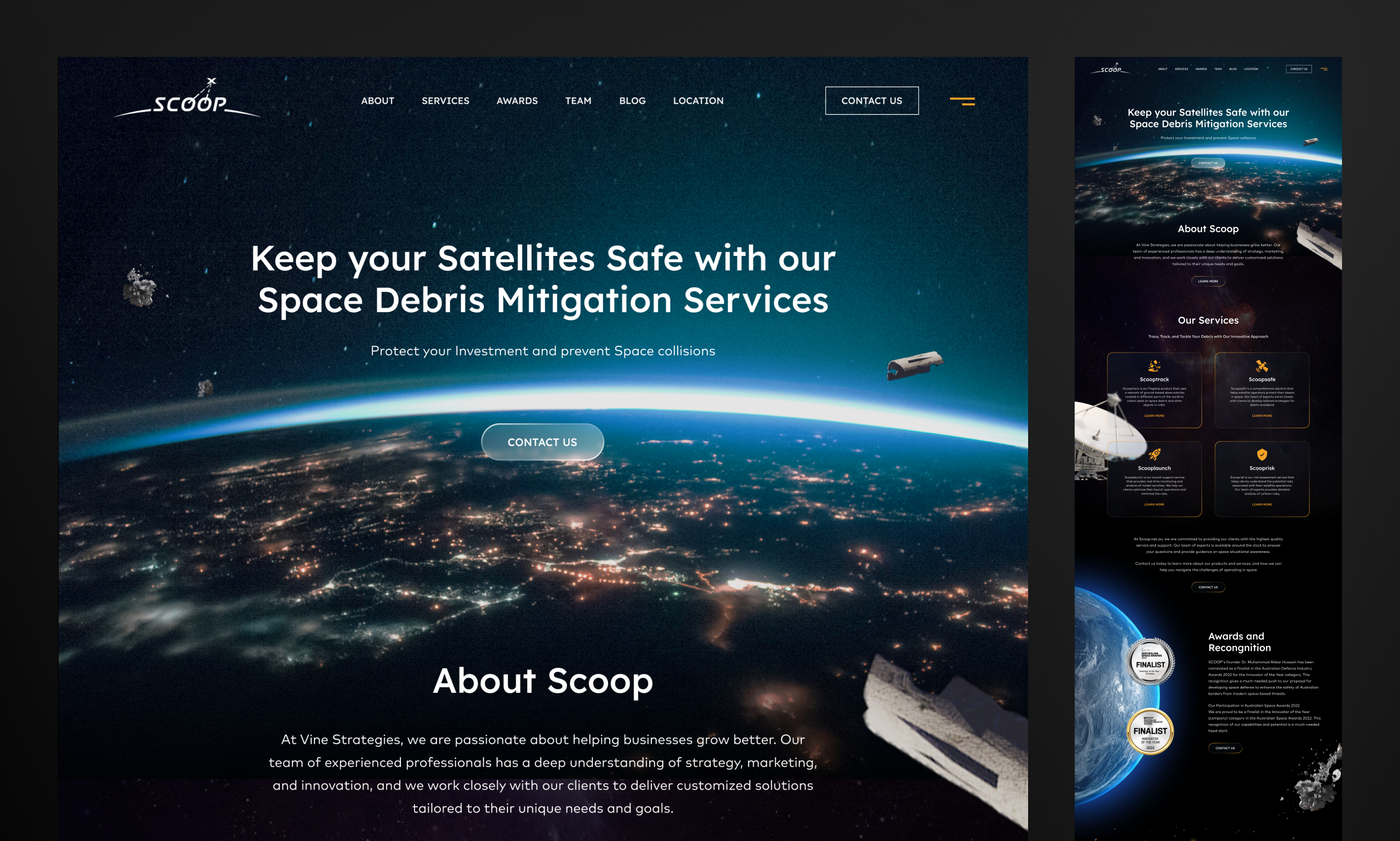 Scoop Landing Page dark theme figma design landing page design observatory satellite space station website design website landing page