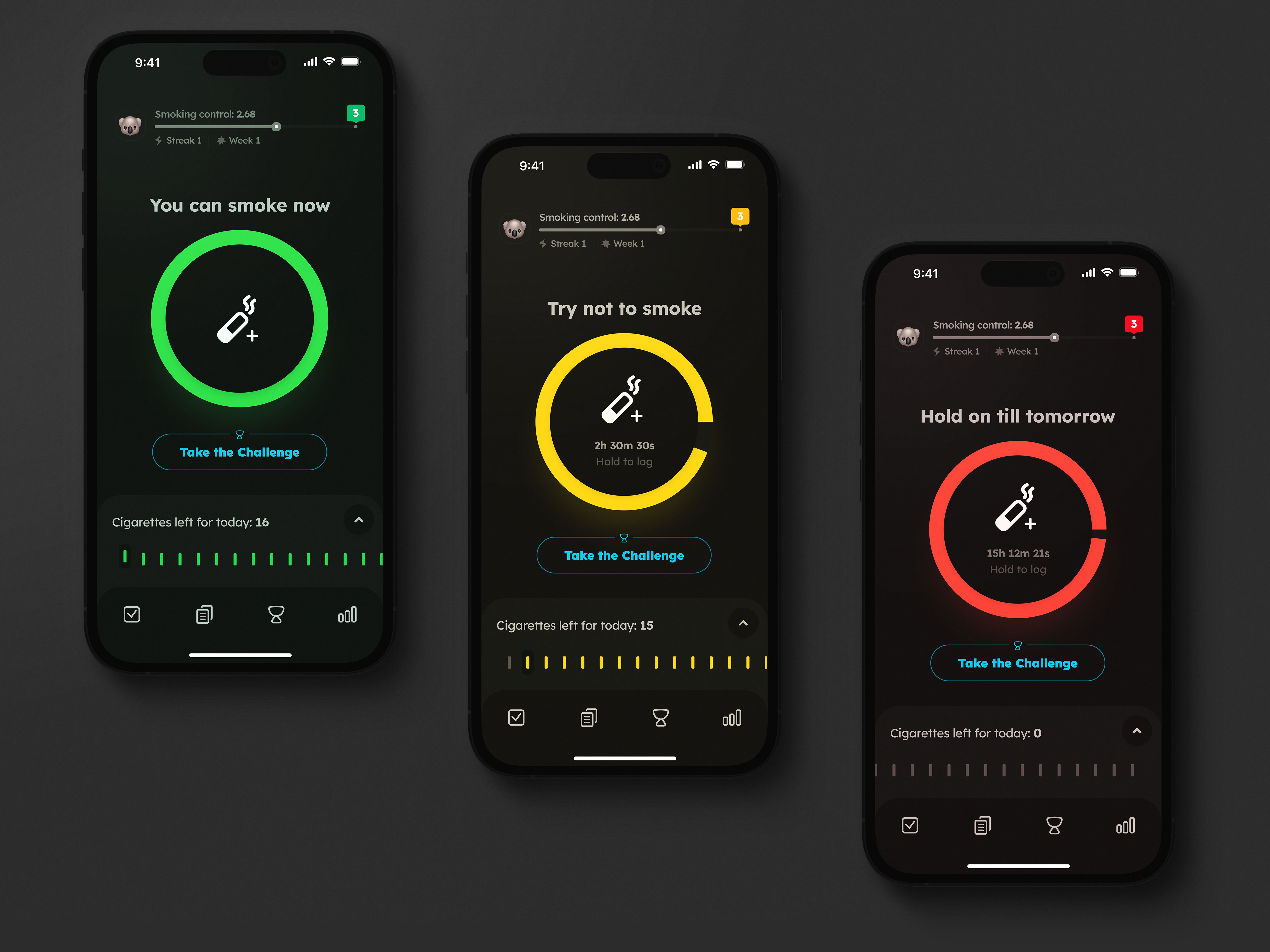 Cigarette Tracking Screen dark ui ios design minimal quit smoke smoke app