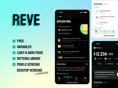 Reve blockchain components crypto darkmode figma graphic design lightmode mobile pattern library ui variables web3