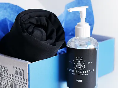 NJI Hand Sanitizer black and white brand design branding clean covid covid 19 design graphic graphic design hand sanitizer illustration illustrator label design mockup panda print sticker swag swag design team swag