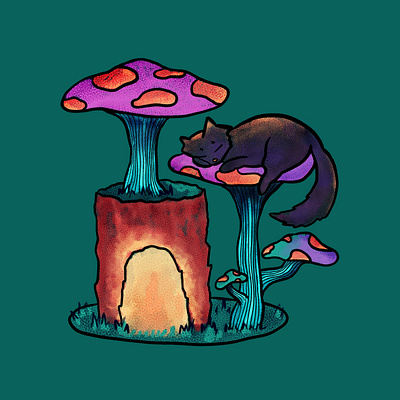 Nap Time cat digital drawing digital painting illustration mushrooms procreate