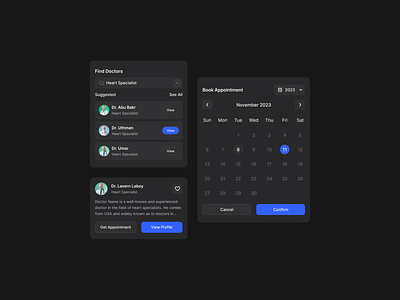 Doctor Booking Component booking calendar clean clinic dashboard components dark dark mode doctor healthcare medical minimal modals online booking product product design saas schedule schedule meeting ui uidesign
