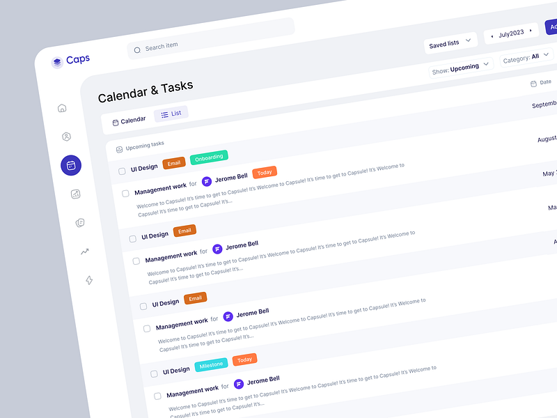 Caps CRM SaaS - Tasks List b2b calendar crm dashboard designer list view project management saas saasui task management ui ux web webapp