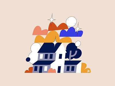Just a house abstract building character design clouds design flowers home house illustration light minimal moon shapes simple stack stars trees vector windows