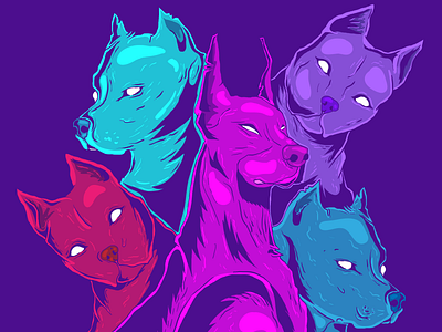 Digitally Drawn Illustration Of Dogs 2d blue colection design digital drawing doberman dogs doodle drawing for illustration pet pit bull portrait purple red sci fi style vector