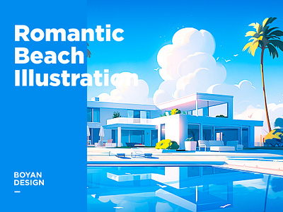 Beautiful romantic seaside residential landscape illustration 扁平 梦幻 简洁