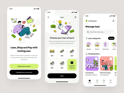 Loans & Investing Mobile App application banking bima budgeting credit card debit e wallet finance home screen illustration loan mobile money product design saving transaction ui design ui ux ux design vibrant