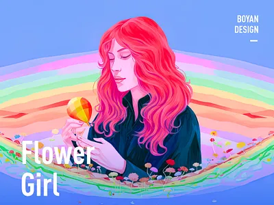 A girl surrounded by streamers of flowers 人物 彩虹 红发女子 美丽 肖像