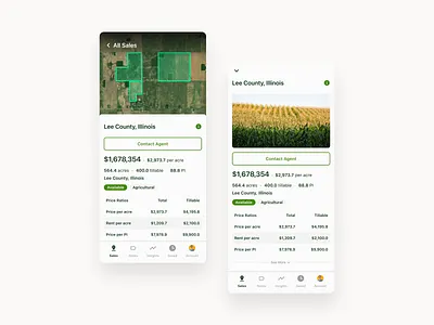 Mobile app for land sales acres ag tech analytics comparable sales crop history design farmland farmland mapping geospatial geospatial analytics marketplace ui