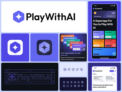 PlayWithAI - Branding & Mobile app Design for Generative AI ai app artifical intelligence bento branding design graphic design grid icon image generator logo mobile ui ui design ux