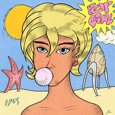 "Pop Girl" album cover art beach branding bubble gum color pencil design draw dream fun girl graphic design illustration nft pop art portrait summer vintage water ink