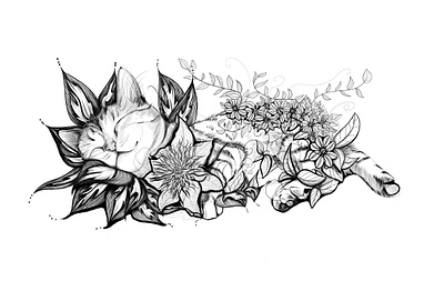 Cat in flowers art artist black and white drawing cartoon cat art cat drawing flower flower art graphic drawing illustration line drawing lineart