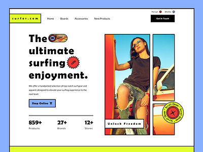 Surfer - E-commerce Store black blue design ecommerce figma online store red store surfer surfing ui uiux ux web design website woocommerce yellow