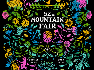 Mountain Fair Poster & Merch Graphics artisan axe bears concert craft dancing drums fair festival hippy illustration merchandise mountain music poster pottery t shirt tie dyed