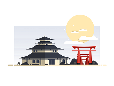 Japan asian buildings castle design illustration japan tori tori gates