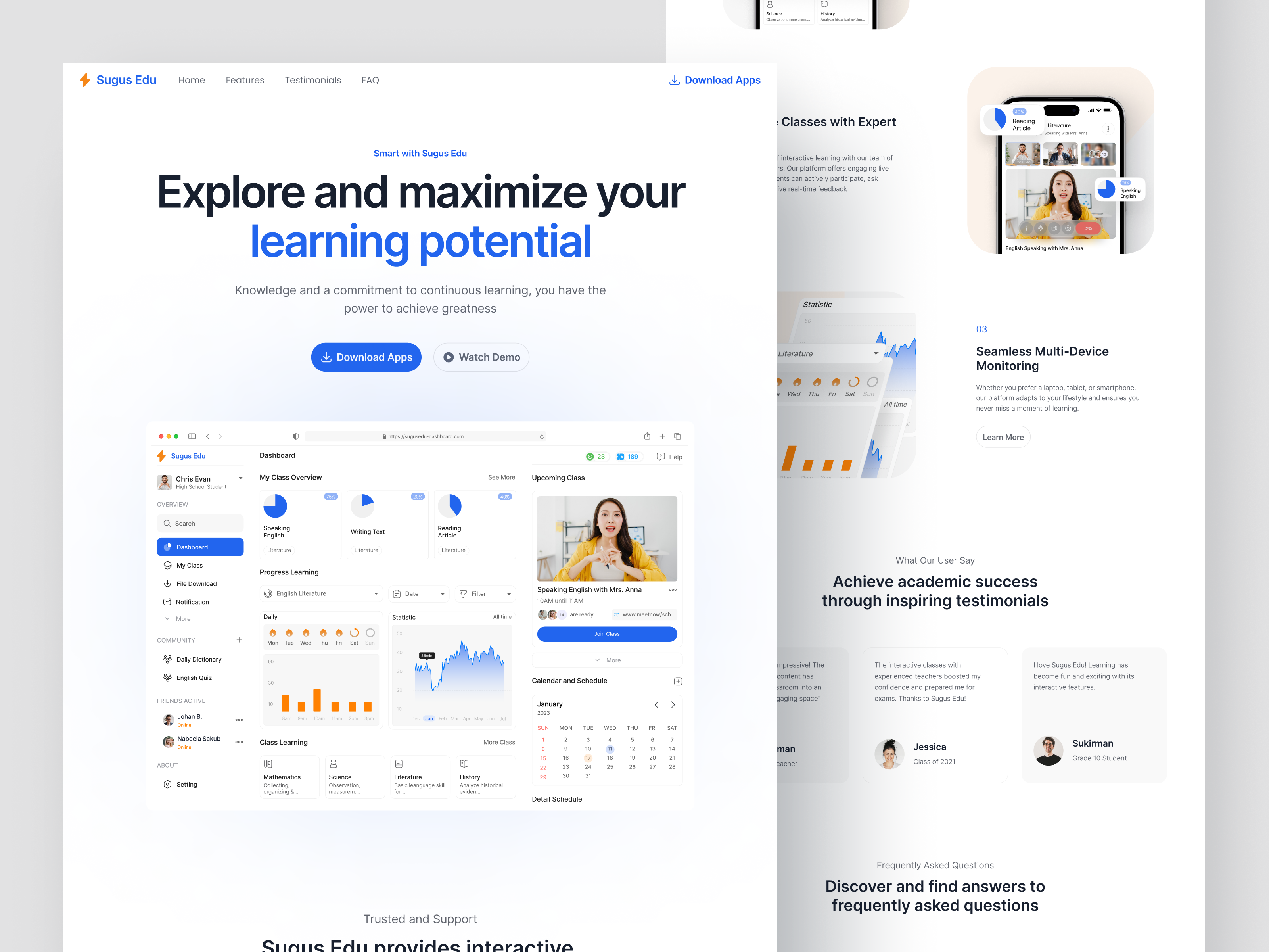 Sugus Edu - Learning Landing Page chart education homepage landing page learning learning landing page motion graphics online course online tracker product product design responsive studying user interface website white space