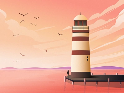 light the way forward art cloud deck design illustration lighthouse mountain people pink pink sea purple seagull seaside sky summer sunset warmth yellow