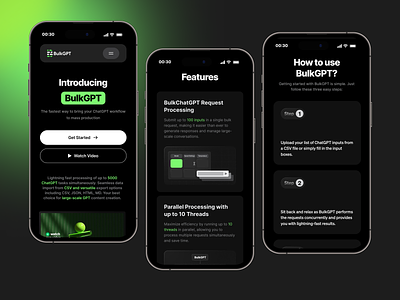 BulkGPT AI Landingpage app c4d chat dashboard generated gpt gpt3 gpt4 home input launcher mobile openai simple speaking suggestions tasks ui ux writting
