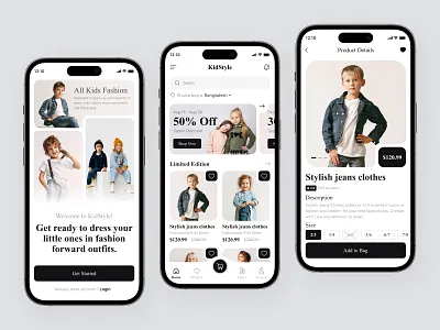 Kids Clothing Fashion Mobile App UI-UX Design app inspiration app wireframes child clothing child mobile app children apparel clothing app digital design dribbble showcase ecommerce app fashion app interactive design kids fashion kids mobile app kids shop mobile app design mobile ui outfit uiux design user experience user interface