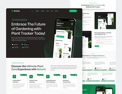 Botanik - AI Plant Tracker Landing Page ai gardening ai plant growth ai plant recognition ai plant tracker artificial intelligence farmer greenhouse harvest landing page machine learning mockup plant plant maagement plant reminder product saas tracker app watering app web design
