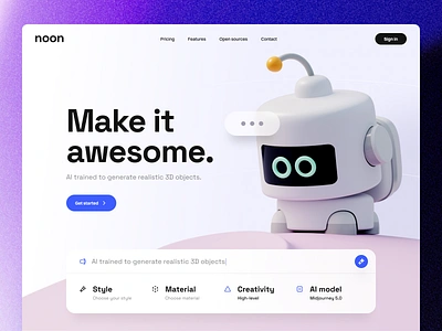 NOON – AI 3D Photo Generator 3d 3d illustration ai ai image ai photo app components dashboard dropdown hero header landing page mobile robot uiux user interface ux uxui web web app website