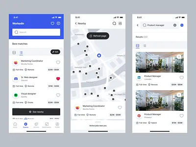 Workedin - Job Board Mobile App [Exploring Jobs] ai app application filter flow hiring ios job application job board job finder linkedin mobile mobile app product design search ui design uiux uiux design upwork ux design