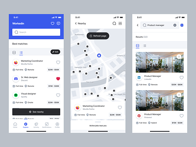 Workedin - Job Board Mobile App [Exploring Jobs] ai app application filter flow hiring ios job application job board job finder linkedin mobile mobile app product design search ui design uiux uiux design upwork ux design